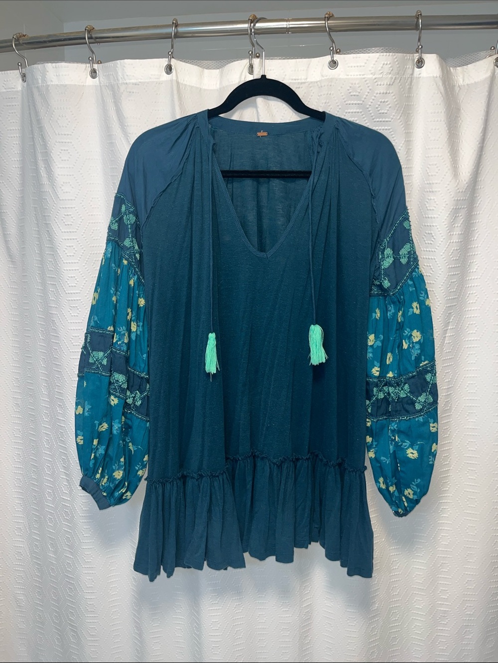 Free People Mix It Up Mini Dress Boho Tunic Embroidered Jade Teal